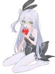  1girl absurdres ahoge apple black_leotard bow breasts ear_ribbon eating food fruit green_eyes grey_hair hair_between_eyes hair_bow highres holding holding_food holding_fruit kurobeko_(kur0bek0) leotard long_hair looking_at_viewer one_side_up open_mouth original pantyhose simple_background sitting small_breasts solo strapless strapless_leotard wariza white_background white_pantyhose 