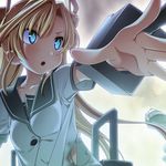  abukuma_(kantai_collection) blonde_hair blue_eyes blush kantai_collection long_hair open_mouth outstretched_arm outstretched_hand sakuya_tsuitachi school_uniform serafuku solo torn_clothes twintails 