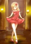  blonde_hair brown_eyes crossed_legs dress earrings enomoto_saki flower hair_flower hair_ornament high_heels jewelry joko_jmc katawa_shoujo long_hair looking_away pantyhose red_dress skirt_hold smile solo watson_cross 