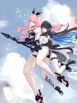  2girls absurdres animal_ears ayla:_kaleido_(pgr) ayla_(pgr) black_hair black_shirt blue_hair breasts chikarit cleavage closed_mouth colored_inner_hair dress drill_hair fake_animal_ears flying high_heels highres joints large_breasts long_hair long_sidelocks mechabare mechanical_arms mechanical_foot multicolored_hair multiple_girls pink_eyes pink_hair punishing:_gray_raven purple_eyes rabbit_ears robot_joints scared selena:_capriccio_(pgr) selena_(pgr) shirt side_drill sidelocks single_mechanical_arm thigh_strap tongue tongue_out white_dress 