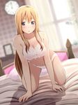  all_fours analog_clock bangs bed bedroom blonde_hair blue_eyes blurry blush bow bow_bra bow_panties bra breasts clock covered_nipples depth_of_field dutch_angle eyebrows full_body highres indoors k-on! kotobuki_tsumugi lace lace-trimmed_bra lace-trimmed_panties large_breasts light_particles lingerie long_hair looking_at_viewer md5_mismatch navel on_bed panties parted_lips pillow see-through solo sunlight tateshina thick_eyebrows underwear underwear_only window 