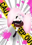  bad_anatomy blood blood_splatter blue_eyes caution_tape danganronpa enoshima_junko from_above june183 keep_out looking_at_viewer looking_up pink_hair self_upload solo standing unmoving_pattern 