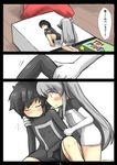  black_hair blue_eyes box cable comic corpse gaoo_(frpjx283) helping highres minigirl multiple_girls original rag scratches tablet-tan translated white_hair 