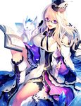  :d arm_support bad_id bad_twitter_id blonde_hair book bow breasts commentary_request copyright_request crystal dress glasses hat knee_up large_breasts long_hair looking_at_viewer nekonabe_ao open_mouth original purple_eyes sitting smile solo tenkuu_no_crystalia white_background 