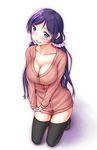  black_legwear blush breasts cardigan cleavage collarbone green_eyes hands_together head_tilt kneeling large_breasts long_hair looking_at_viewer love_live! love_live!_school_idol_project naked_cardigan parted_lips purple_hair smile solo thighhighs totsumotsu toujou_nozomi twintails 