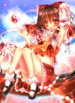  absurdres armpits blush brown_eyes brown_hair crop_top crop_top_overhang detached_sleeves hair_ribbon hakurei_reimu highres long_hair mary_janes midriff mouth_hold navel petals ribbon shoes skirt solo touhou touki_matsuri yin_yang 