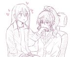  2girls absurdres asahina_mafuyu blush chair embarrassed english_commentary hair_between_eyes heart highres jacket long_hair monochrome multiple_girls on_chair open_clothes open_jacket ponytail project_sekai rockdrop shirt shy signature sitting sitting_on_lap sitting_on_person sketch smile tumblr_ask yoisaki_kanade yuri 