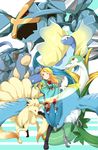  ;) articuno ayase_eli blonde_hair blue_eyes boots crossover flower frills gen_1_pokemon gen_3_pokemon gen_5_pokemon gradient_hair green_hair hair_ribbon highres japanese_clothes kimono ksk_(semicha_keisuke) leg_up legendary_pokemon long_hair long_sleeves looking_at_viewer love_live! love_live!_school_idol_project metagross multicolored_hair nidoqueen ninetales one_eye_closed paddle pokemon pokemon_(creature) ribbon rose serperior smile standing standing_on_one_leg thigh_boots thighhighs wide_sleeves 