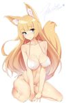  2015 animal_ears bikini blonde_hair blue_eyes blush breasts cleavage covered_nipples fox_ears fox_tail large_breasts long_hair looking_at_viewer o-ring o-ring_top original seiza side-tie_bikini simple_background sitting solo strap_gap swimsuit tail tilt-shift white_background white_bikini 
