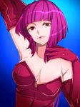  bad_id bad_pixiv_id breasts cleavage dress honoka_(ranukirai) large_breasts oboro_(taimanin_asagi) purple_hair red_eyes simple_background smile solo taimanin_(series) taimanin_asagi 