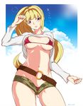  bikini blonde_hair blush breasts cleavage gundam gundam_tekketsu_no_orphans highres kudelia_aina_bernstein large_breasts long_hair looking_at_viewer mudou_eichi ponytail purple_eyes shirt_lift shorts solo swimsuit unbuttoned unzipped very_long_hair 