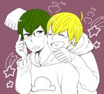  adjusting_eyewear asakichi_(ajiko_ng) blonde_hair brothers cardigan closed_eyes f6 glasses green_hair heart heart_in_mouth hood hoodie lowres male_focus matsuno_choromatsu matsuno_juushimatsu multiple_boys osomatsu-kun osomatsu-san oversized_clothes partially_colored siblings sleeves_past_wrists star upper_body 