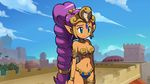  armor bikini_armor blue_eyes bracelet braid breasts bridgeless_bra choker cleavage dark_skin earrings game_cg highres jewelry long_hair makoto_yabe medium_breasts navel official_art pointy_ears ponytail purple_hair shantae_(character) shantae_(series) shantae_and_the_pirate's_curse solo tiara very_long_hair 