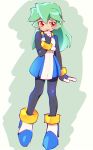  1girl android bracelet dress full_body green_hair hair_between_eyes high_heels jewelry kon_(kin219) long_hair looking_at_viewer pandora_(rockman) pantyhose red_eyes robot_ears rockman rockman_zx short_dress simple_background smile solo standing 