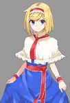  alice_margatroid blonde_hair blue_dress blue_eyes capelet dress grey_background hairband looking_at_viewer necktie protected_link ribbon sash short_hair simple_background skirt_hold smile solo taiki_(ozone) touhou turtleneck wrist_cuffs 