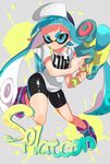  aqua_eyes aqua_hair baseball_cap bike_shorts commentary copyright_name domino_mask grey_background hat holding holding_weapon ink_tank_(splatoon) inkling leg_up long_hair looking_at_viewer mask paint_splatter pointy_ears sandato shirt shoes short_sleeves single_vertical_stripe smile sneakers solo splatoon_(series) splatoon_1 splattershot_(splatoon) standing super_soaker t-shirt tentacle_hair weapon 