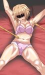  arms_up backscratcher bdsm bikini black_blindfold blindfold blonde_hair bondage bound bound_arms bra highres molestation panties pink_bikini pink_bra pink_panties poking restrained seikon_no_qwaser swimsuit teasing teresa_beria tickle_torture tickling tickling_armpits tickling_legs underwear underwear_only 