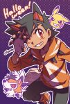  1boy animal_ears ash_ketchum black_hair brown_eyes chappy_(kanata218) claws facial_mark fake_animal_ears fang fingerless_gloves gloves grin halloween highres lycanroc lycanroc_(dusk) male_focus one_eye_closed pikachu pokemon pokemon_(anime) pokemon_sm_(anime) smile 