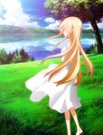  absurdres arms_behind_back bare_shoulders barefoot blonde_hair blush brown_eyes cloud day doma_umaru dress forest from_behind grass highres hill himouto!_umaru-chan lake lens_flare long_dress long_hair nature pine_tree reflection scenery screencap sky smile solo standing stitched third-party_edit tree white_dress wind 