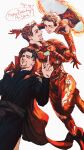  3boys amuii animal_print arc_reactor armor avengers:_infinity_war avengers_(series) belt black_hair blue_bodysuit blue_eyes blue_shirt blush bodysuit brown_belt brown_eyes brown_hair cloak closed_eyes closed_mouth doctor_strange english_commentary english_text facial_hair full_armor grey_hair hand_up happy_birthday highres index_finger_raised iron_man long_sleeves looking_at_another male_focus mandarin_collar marvel marvel_cinematic_universe multicolored_hair multiple_boys open_mouth peter_parker portal_(object) power_armor red_armor red_bodysuit red_cloak shirt short_hair simple_background smile speech_bubble spider-man spider_print spider_web_print streaked_hair superhero_costume tony_stark two-tone_bodysuit white_background 