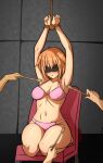 arms_up backscratcher bdsm bikini black_blindfold blindfold blonde_hair bondage bound bound_arms bra highres molestation panties pink_bikini pink_bra pink_panties poking restrained seikon_no_qwaser swimsuit teasing teresa_beria tickle_torture tickling tickling_armpits tickling_legs underwear underwear_only 