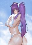  ass bikini bling_(wnsdud34) blue_eyes breasts gloves huge_breasts long_hair looking_at_viewer original purple_hair side-tie_bikini solo swimsuit thong thong_bikini twintails white_bikini white_gloves 