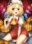  :o absurdres ascot bat_wings between_thighs blonde_hair bow curtains fang flandre_scarlet frills halloween hat highres jack-o'-lantern looking_at_viewer multicolored multicolored_wings no_shoes open_mouth pumpkin red_bow red_eyes red_skirt ribbon rokukatamari short_hair side_ponytail sitting skirt skirt_set solo thighs touhou white_legwear wings 