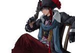  1boy absurdres antique_firearm bartholomew_roberts_(fate) black_gloves black_hair blue_eyes blue_scarf chair cross cross_necklace dark-skinned_male dark_skin fate/grand_order fate_(series) firelock flintlock gloves gun hat highres holding holding_gun holding_weapon jewelry necklace pirate_hat potato_goril scarf sitting weapon white_background 