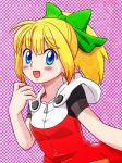  1girl :d blonde_hair blue_eyes blush bow breasts dress hair_bow high_ponytail hood hood_down hooded_dress inowensand long_hair open_mouth ponytail ribbon rockman rockman_(classic) rockman_11 roll sidelocks small_breasts smile solo 