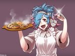  apron bad_id bad_twitter_id blue_hair commentary_request fangs fire_emblem fire_emblem_if food hair_over_one_eye long_hair multicolored_hair okonomiyaki ouka-63 pieri_(fire_emblem_if) pink_hair red_eyes solo spatula 