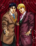  beamed_eighth_notes blonde_hair blue_hair curtains dio_brando formal jojo_no_kimyou_na_bouken jonathan_joestar male_focus multiple_boys music musical_note negu_(geneg) official_style singing 