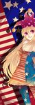  american_flag_dress american_flag_legwear artist_name blonde_hair clownpiece flag_background hair_between_eyes hat heart highres jester_cap light long_hair looking_at_viewer no_wings open_mouth pantyhose purple_eyes shadow short_sleeves smile solo star tokyo_(artist) touhou very_long_hair 