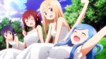  :3 bare_shoulders blonde_hair blue_hair blush breasts brown_eyes brown_hair closed_eyes closed_mouth cloud collarbone day doma_umaru dress ebina_nana forest grass hair_ornament hairband hands_up highres himouto!_umaru-chan kneeling large_breasts laughing long_dress lying medium_breasts messy_hair motoba_kirie multiple_girls nature on_back open_mouth ponytail purple_eyes purple_hair screencap short_sleeves sitting sky small_breasts smile stitched stretch tachibana_sylphynford third-party_edit twintails wavy_hair white_dress 