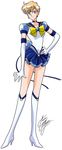  bishoujo_senshi_sailor_moon blue_bow blue_choker blue_eyes blue_sailor_collar blue_skirt boots bow choker earrings elbow_gloves full_body gloves hand_on_hip jewelry knee_boots light_brown_hair magical_girl marco_albiero sailor_collar sailor_senshi_uniform sailor_uranus short_hair signature skirt smile solo standing star star_choker super_sailor_uranus_(stars) ten'ou_haruka very_short_hair white_background white_footwear white_gloves yellow_bow 