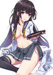  black_hair black_legwear breasts collarbone fish henet_hene isokaze_(kantai_collection) kantai_collection long_hair long_sleeves looking_at_viewer medium_breasts midriff navel no_bra open_clothes open_mouth open_shirt open_skirt pink_eyes plate shirt simple_background single_thighhigh sitting skirt smile solo thighhighs very_long_hair white_background 