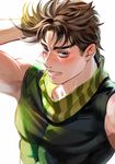  blue_eyes blush brown_hair hand_behind_head higurehiiro jojo_no_kimyou_na_bouken joseph_joestar_(young) male_focus scarf solo 