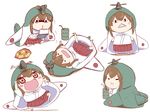  aircraft airplane akagi_(kantai_collection) brown_eyes brown_hair chibi himouto!_umaru-chan hood hoodie ishii_hisao japanese_clothes kantai_collection long_hair multiple_views muneate open_mouth parody smile 