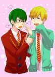  adjusting_clothes asakichi_(ajiko_ng) blazer blonde_hair brothers cardigan f6 glasses green_hair grey_eyes heart heart_in_mouth jacket male_focus matsuno_choromatsu matsuno_juushimatsu multiple_boys osomatsu-kun osomatsu-san pink_background polka_dot polka_dot_background school_uniform siblings sleeves_past_wrists sleeves_rolled_up smile sweater 