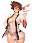  blush breasts brown_eyes brown_hair cameltoe covered_nipples fang fumio_(rsqkr) genderswap genderswap_(mtf) headband huge_breasts one_eye_closed rurouni_kenshin sagara_sanosuke sarashi short_hair simple_background solo thighs white_background 