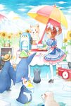  bad_id bad_pixiv_id bandana bear bird blue_sky blush bow brown_hair chick cloud cub day drinking_straw flower green_eyes hat highres ice_skates igloo leg_up maid menu_board mountain original penguin rikana seal shaved_ice skates sky snow_shelter spoon sunflower themed_object umbrella wagon white_legwear 