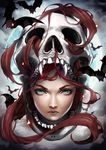  bat cloud face fantasy green_eyes halloween helmet highres kagehana long_hair original red_hair sketch skull solo 