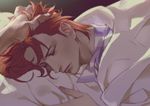  blanket closed_eyes closed_mouth emg_(christain) eyelashes hand_in_hair hand_on_another's_head jojo_no_kimyou_na_bouken kakyouin_noriaki male_focus on_bed out_of_frame pajamas pillow portrait red_hair sleeping solo_focus striped under_covers vertical_stripes 