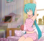  ;) aqua_eyes aqua_hair arm_behind_head armpits arms_up bad_id bad_pixiv_id bangs bedroom cactus calendar_(object) camisole chair closed_mouth computer cowboy_shot curtains desk domo1220 hatsune_miku indoors key laptop long_hair looking_at_viewer midriff morning navel on_bed one_eye_closed pillow plant polka_dot potted_plant shirt shorts sitting sleepwear smile solo spring_onion stretch striped striped_shirt sunlight twintails very_long_hair vocaloid wallpaper_(object) window 