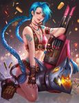  :p bikini_top black_gloves blue_nails boots bottomless braid breasts cleavage fingerless_gloves full_body garters gloves gun jinx_(league_of_legends) league_of_legends long_hair midriff nail_polish navel red_eyes small_breasts solo tattoo tongue tongue_out twin_braids twintails weapon yang_fan 