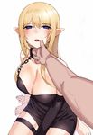  bdsm blonde_hair blue_eyes blush bound_ankles chain chin_hold dress elf hand_on_another's_chin kfr original pointy_ears ponytail solo_focus 