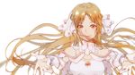  asuna_(sao) brown_eyes hair_ornament highres kurio19980321 long_hair looking_at_viewer outstretched_arms smile solo sword_art_online upper_body white_background 