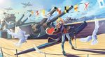  aircraft airplane armor armored_boots bangs battleship bird blonde_hair blue_eyes blue_sky blunt_bangs boots cape coat commentary_request day dove eyelashes feathers fur-trimmed_cape fur_trim gauntlets hair_bun highres hms_warspite horizon legs_apart long_sleeves looking_at_viewer meteor_(airplane) military military_vehicle namesake ocean original outdoors outstretched_arm pacific pants personification purple_coat sash shadow ship signal_flag sima_naoteng sky solo standing string_of_flags sunlight sword tailcoat tiara tight tight_pants turret warship watercraft weapon white_pants wooden_deck 