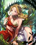  bare_shoulders bent_over blonde_hair blue_eyes bracelet braid breasts cleavage commentary_request empew hair_ornament jewelry large_breasts long_hair looking_at_viewer original plant plant_wings single_braid smile solo tenkuu_no_crystalia very_long_hair vines wings 