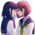  backlighting bangs blue_eyes blunt_bangs blush bob_cut brown_hair closed_eyes commentary_request crying crying_with_eyes_open forehead-to-forehead from_side hair_ornament hairclip long_hair multiple_girls open_mouth original profile purple_hair rinndouk sad school_uniform serafuku short_hair tears upper_body white_background yuri 