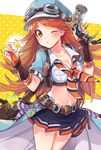 belt blush breasts cleavage crop_top fuji_fujino goggles goggles_on_headwear granblue_fantasy gun hat holding long_hair looking_at_viewer mary_(granblue_fantasy) medium_breasts midriff miniskirt navel neckerchief o3o one_eye_closed orange_eyes orange_hair overskirt pleated_skirt short_sleeves skirt solo weapon 